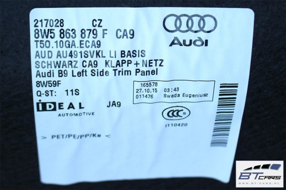 AUDI A4 B9 SEDAN BOCZEK + PAS + DYWAN BAGAŻNIKA 8W5863879F 8W5863880C 8W5863471 8W5863463A boczki bagażnik tapicerka 8W B9