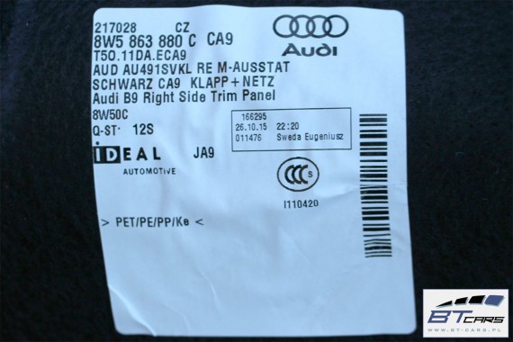 AUDI A4 B9 SEDAN BOCZEK + PAS + DYWAN BAGAŻNIKA 8W5863879F 8W5863880C 8W5863471 8W5863463A boczki bagażnik tapicerka 8W B9