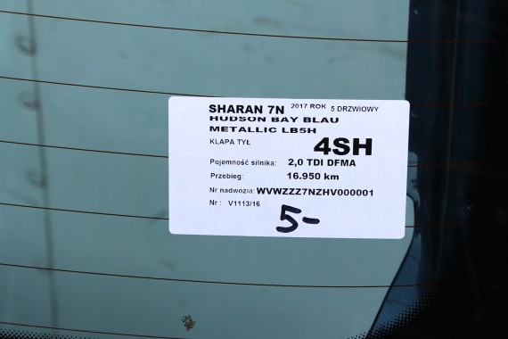VW SHARAN 7N LB5H KLAPA TYLNA TYŁ BAGAŻNIKA BAGAŻNIK LB5H - niebieski 7N 7N0827025 7N0827025A 7N0827025B 7N0827025C 7N082702G