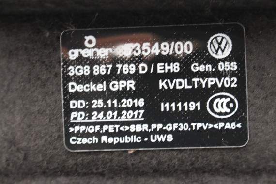 VW ARTEON PÓŁKA TYLNA 3G8867769D SAMOCHODOWA kolor: EH8- czarny tytanowy 3G8 867 769 D  3G8 2017-