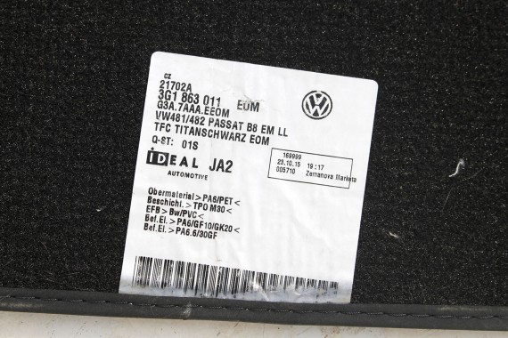 VW PASSAT B8 DYWANIKI PODŁOGI 3G1863011 wycieraczki 3G1 863 011 Kolor: EOM - czarny (titanschwarz) 3G 3G8