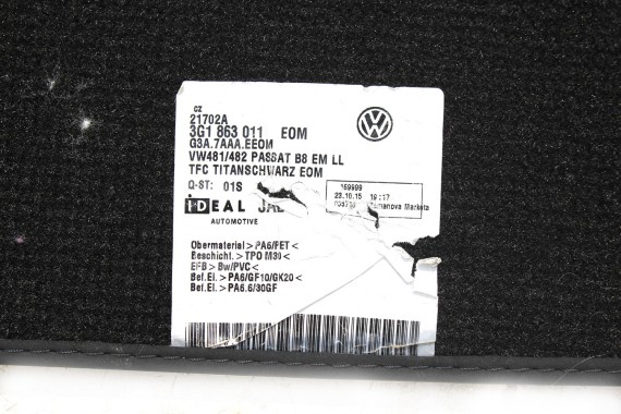 VW PASSAT B8 DYWANIKI PODŁOGI 3G1863011 wycieraczki 3G1 863 011 Kolor: EOM - czarny (titanschwarz) 3G 3G8