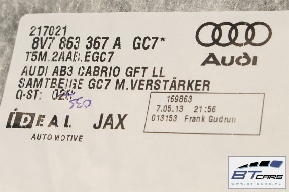 AUDI A3 CABRIO DYWAN PODŁOGI 8V7863367A 8V Kolor: GC7 - aksamitny beżowy wykładzina podłoga tapicerka 8V7 863 367 8V7863367D