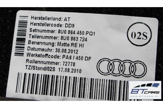 AUDI Q3 DYWANIKI WYCIERACZKI PODŁOGI TYŁ 8U 8U0864450 8U0863723 8U0863724 8U0864450 8U0863723 8U0864450 8U0863723 8U0863724 PQ1