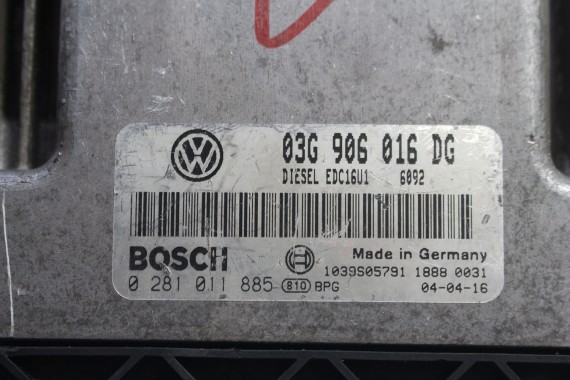 VW PASSAT B6 EOS MODUŁ STEROWNIK KOMPUTER SILNIKA 03G906016DG BMP 2.0 TDI DIESEL 03G 906 016 DG ECU EDC 16U1 Bosch 0281011885