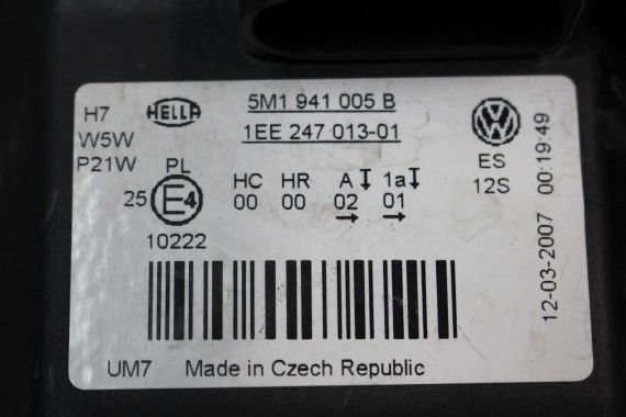 VW GOLF 5 V PLUS LAMPA PRZÓD 5M1941005B lampa przednia HELLA 5M1 941 005 B EUROPA REFLEKTOR HALOGENOWY PODWÓJNY 5M V