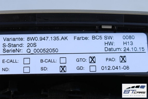 AUDI A4 LAMPKA PODSUFITKI + MODUŁ STEROWNIK BRAMY BC5 szary tytanowy 4M0907410A 8W0947135AK 8W0947135AK 4K0947135Q 4K0947135AQ