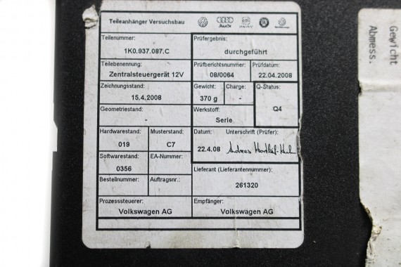 VW GOLF VI 6 MODUŁ STEROWNIK BORDNETZ 1K0937087C 1K0937087G MOCY KOMFORT 1K0 937 087 BCM SEAT ALTEA TOLEDO 1K0937087C 1K0937087