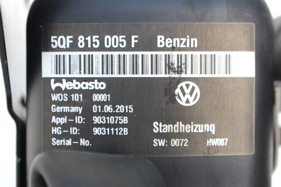 VW TIGUAN II OGRZEWANIE POSTOJOWE WEBASTO 5QF815005F silnik benzynowy 2.0 TFSi 5QF 815 005 F 5NA 5QF815005F 5QF815005F 5QF815005