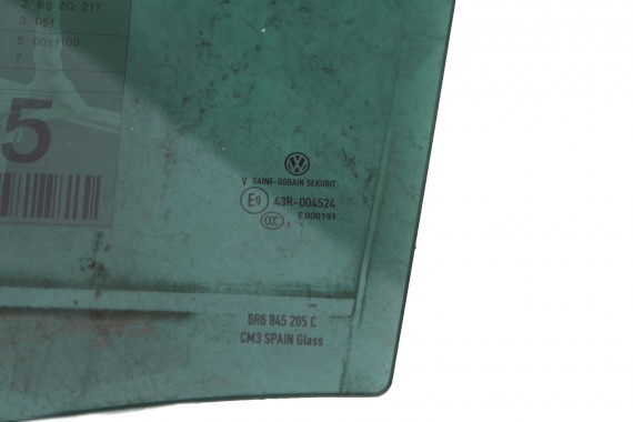VW POLO SZYBA DRZWI LEWE 6R6845205C  lewa TYŁ tylne 6R6 845 205 C rok 2011  E9  przyciemniana drzwiowa  6R4 6R6 6R 6C