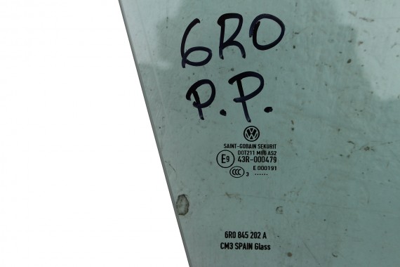 VW POLO SZYBA DRZWI PRAWE 6R0845202A prawa przód przednia 6R0 845 202 A pasażera rok 2013 E9 AS2 zielony drzwiowa 6R4 6R6 6R 6C