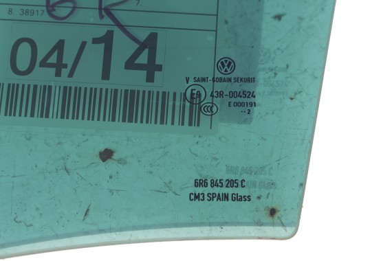 VW POLO SZYBA DRZWI LEWE 6R6845205C  lewa TYŁ tylne 6R6 845 205 C rok 2012  E9  przyciemniana drzwiowa  6R4 6R6 6R 6C
