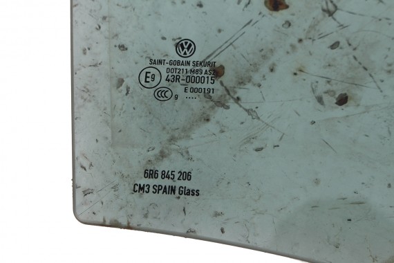VW POLO SZYBA DRZWI PRAWE 6R6845206 prawa TYŁ tylne 6R6 845 206 rok 2009  E9  AS2 zielona drzwiowa  6R4 6R6 6R