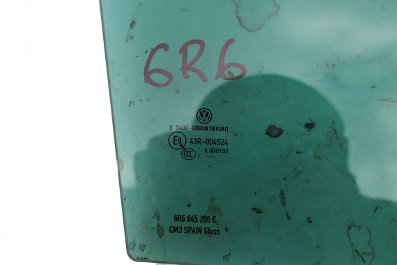 VW POLO SZYBA DRZWI PRAWE 6R6845206C prawa TYŁ tylne 6R6 845 206 C rok 2011  E9   zielona przyciemniana drzwiowa 6R4 6R6 6R 6C