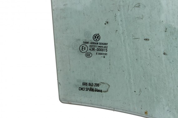 VW POLO SZYBA DRZWI PRAWE 6R6845206 prawa TYŁ tylne 6R6 845 206 rok 2009  E9  AS2 zielona drzwiowa  6R4 6R6 6R