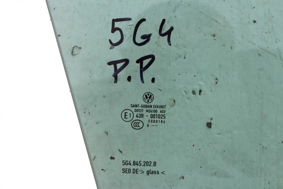 VW GOLF 7 VII SZYBA DRZWI PRAWE 5G4845202B prawa przód przednia 5G4845202A 5G4845202 5G4 845 202 B 2016 zielony drzwiowa 4D