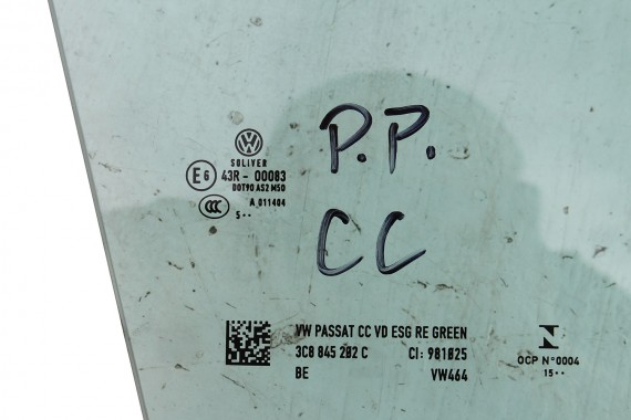 VW PASSAT CC SZYBA DRZWI PRAWE 3C8845202C prawa przód przednia pasażera 3C8 845 202 C  2015 zielony E6 AS2 drzwiowa 3C 3C8 2012-