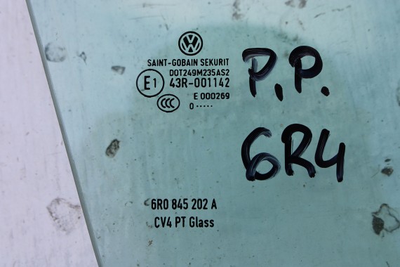 VW POLO SZYBA DRZWI PRAWE 6R0845202A prawa przód przednia 6R0 845 202 A pasażera rok 2010 E1 AS2 zielony drzwiowa 6R4 6R6 6R 6C
