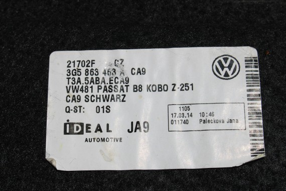VW PASSAT B8 SEDAN DYWAN BAGAŻNIKA 3G5863463A wykładzina 3G5 863 463 A  CA9 - czarny 3G