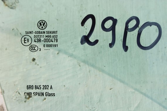 VW POLO SZYBA DRZWI PRAWE 6R0845202A prawa przód przednia 6R0 845 202 A pasażera rok 2013 E9 AS2 zielony drzwiowa 6R4 6R6 6R 6C