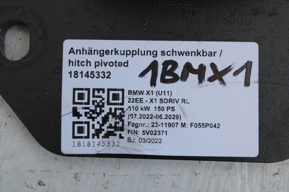 BMW X1 U11 HAK HOLOWNICZY 5A481D4 + BELKA TYŁ tylna zderzaka  51 12 5A481D4 10077654002 165867 + moduł 5A63E20 5A64D38