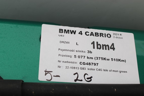 BMW M4 CABRIO G83 DRZWI LEWE PRZÓD STRONA LEWA przednie C4G Isle of man green Zielo M pakiet Carbon Coupe 4 G22 G23 G82