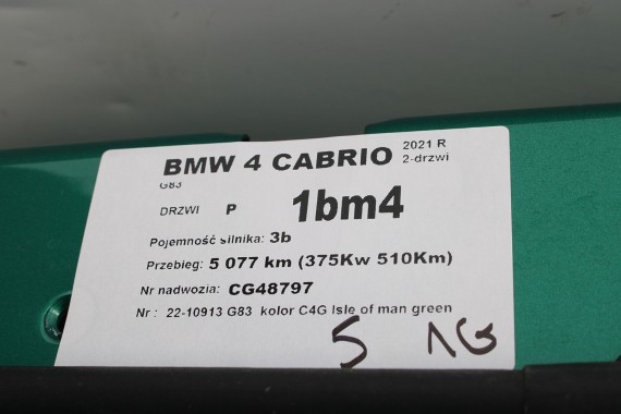BMW M4 CABRIO G83 DRZWI PRAWE PRZÓD STRONA PRAWA przednie C4G Isle of man green Zielo M pakiet Carbon Coupe 4 G22 G23 G82