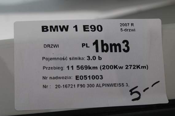 BMW 3 E90 DRZWI LEWE PRZÓD + TYŁ STRONA LEWA przednie + tylne 2 sztuk Alpinweiss Biały SEDAN 41007203643 41007203647 7203643