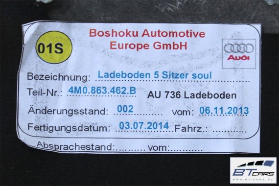 AUDI Q7 DYWAN BAGAŻNIKA 4M0863462B 4M0 863 462 B 4M 2015- wykładzina podłoga Kolor      QA5' - czarny (soul) półka