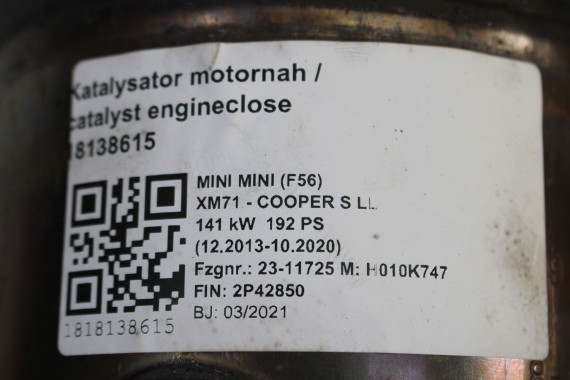 BMW MINI KATALIZATOR 9797075 F48 F45 F46 MINI F54 F55 F56 F57 F60 8 32 9797075 141 kW 192 PS Km silniki benzynowe 2.0 COOPER