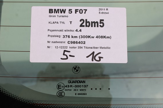BMW 5 GT F07 TYŁ KLAPA BAGAŻNIKA ZDERZAK TYLNY + LAMPY TYLNE lampa Led Ledy Gran Turismo 5GT 354 Titansilber 7199644 7199643
