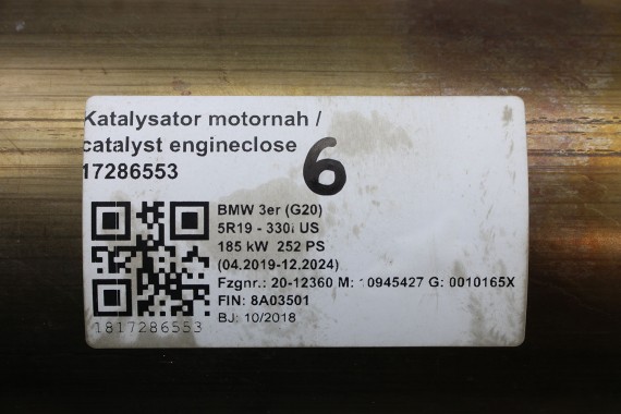 BMW 3 G20 KATALIZATOR 8689402 SILNIK SILNIK B46 B20B benzyna HYBRID B48 B20 B B20B B48B20B G30 G31 G38 G29 G01 G02 USA 8689402