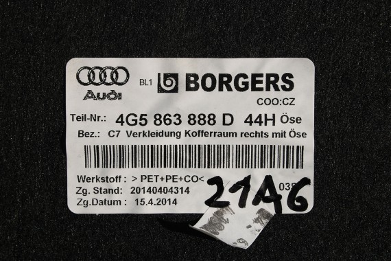 AUDI A6 SEDAN BOCZEK DYWAN BOCZKI BAGAŻNIKA 4G5863887D 4G5863888D 4G5863471C 4G5863463D boczki bagażnik 4G C7 44H soul czerń