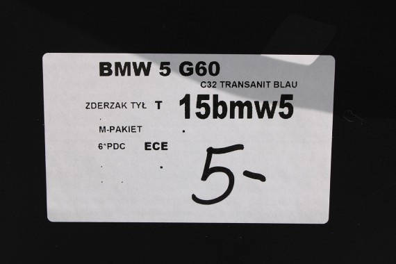 BMW 5 G60 ZDERZAK TYŁ TYLNY M pakiet Kolor: C3Z Tansanitblau II Metallic MSP M POWER 51128084866 51128084715 51128085225 8084866