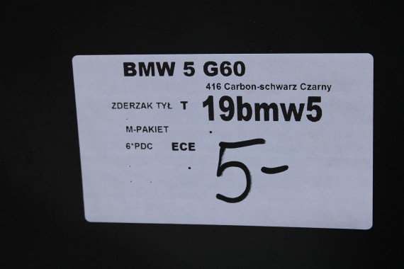 BMW 5 G60 ZDERZAK TYŁ TYLNY M pakiet Kolor: 416 Carbon-schwarz Czarny MSP M POWER 51128084866 51128084715 51128085225 8084866