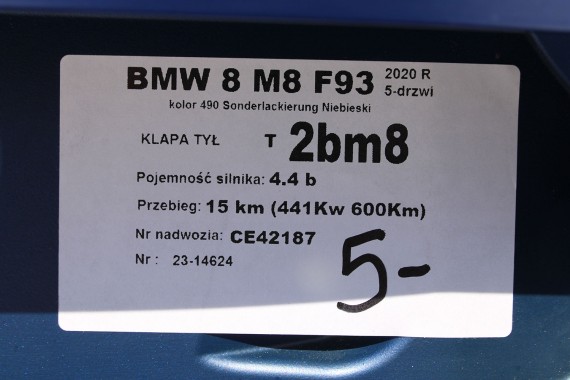 BMW 8 M8 F93 TYŁ ZDERZAK + KLAPA BAGAŻNIKA + LAMPY lampa tylny 490 Sonderlackierung Niebieski 41007483659 51128082803 8070742