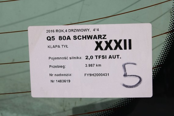 AUDI Q5 SZYBA KLAPY TYŁ 80A845501 BAGAŻNIKA rok produkcji 2015 zielona E9 AS2 80A 845 501 80A FY szyba w klapę pokrywa