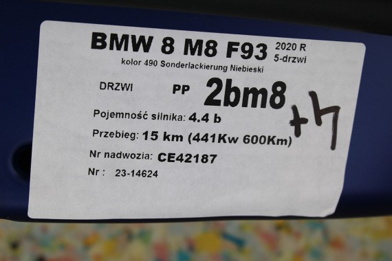 BMW 8 M8 F93 DRZWI PRAWE PRZÓD + TYŁ STRONA PRAWA przednie + tylne 2 sztuki 490 Sonderlackierung Niebieski 41007455097 7455085
