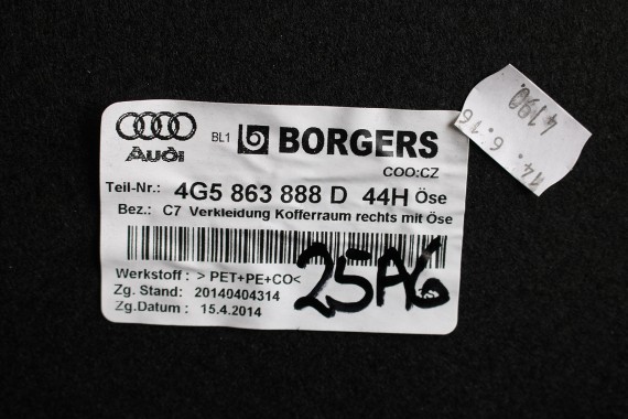 AUDI A6 SEDAN BOCZEK DYWAN BOCZKI BAGAŻNIKA 4G5863887D 4G5863888D 4G5863471C 4G5863463D boczki bagażnik 4G C7 44H soul czerń