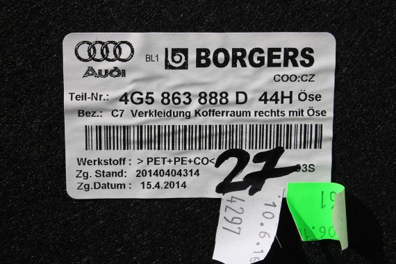 AUDI A6 SEDAN BOCZEK DYWAN BOCZKI BAGAŻNIKA 4G5863887D 4G5863888D 4G5863471C 4G5863463D boczki bagażnik 4G C7 44H soul czerń