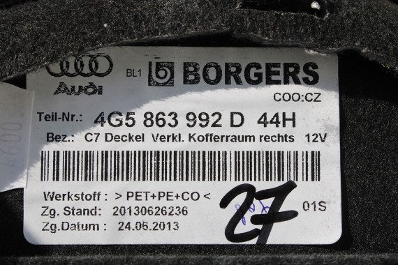 AUDI A6 SEDAN BOCZEK DYWAN BOCZKI BAGAŻNIKA 4G5863887D 4G5863888D 4G5863471C 4G5863463D boczki bagażnik 4G C7 44H soul czerń