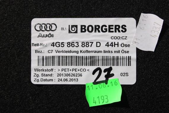 AUDI A6 SEDAN BOCZEK DYWAN BOCZKI BAGAŻNIKA 4G5863887D 4G5863888D 4G5863471C 4G5863463D boczki bagażnik 4G C7 44H soul czerń