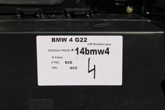 BMW 4 G22 G23 ZDERZAK PRZEDNI PRZÓD M pakiet 8076713 Kolor: C4P Brooklyn grau metallic Szary 63178089525 63178089526 51118076713