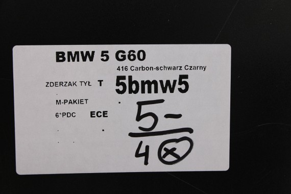 BMW 5 G60 ZDERZAK TYŁ TYLNY M pakiet Kolor: 416 Carbon-schwarz Czarny MSP M POWER 51128084866 51128084713 51128085225 8084866
