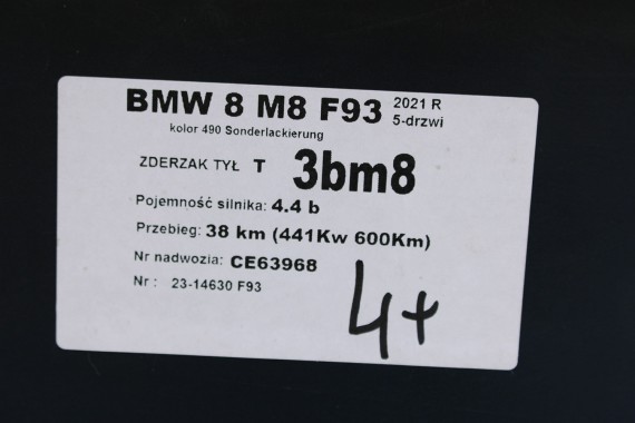 BMW 8 M8 F93 TYŁ ZDERZAK + KLAPA BAGAŻNIKA + LAMPY lampa tylny 490 Sonderlackierung Niebieski 41007483659 51128082803 8070742