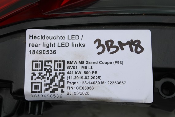 BMW 8 M8 F93 TYŁ ZDERZAK + KLAPA BAGAŻNIKA + LAMPY lampa tylny 490 Sonderlackierung Niebieski 41007483659 51128082803 8070742