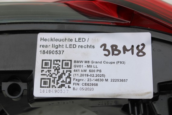 BMW 8 M8 F93 TYŁ ZDERZAK + KLAPA BAGAŻNIKA + LAMPY lampa tylny 490 Sonderlackierung Niebieski 41007483659 51128082803 8070742