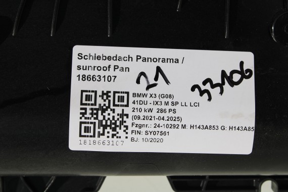 BMW X3 G08 SZYBERDACH DACH SZKLANY solar szkło szyber panorama przesuwny ELFENBEINWEISS iX3 7414351 55007863 55007687 7 414 351