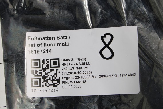 BMW Z4 G29 DYWANIKI PODŁOGI 7456374 wycieraczki kolor czarny 51477456374 51 47 7456374 51476996940 Zestaw dywaników podłogowych