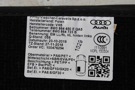 AUDI A4 A5 DYWANIKI PODŁOGI 8W2863691 8W0864450E wycieraczki 8W2 863 691 8W2 863 713 8W2863714 8W0864450 8W0863724 ANGLIK B9 F5